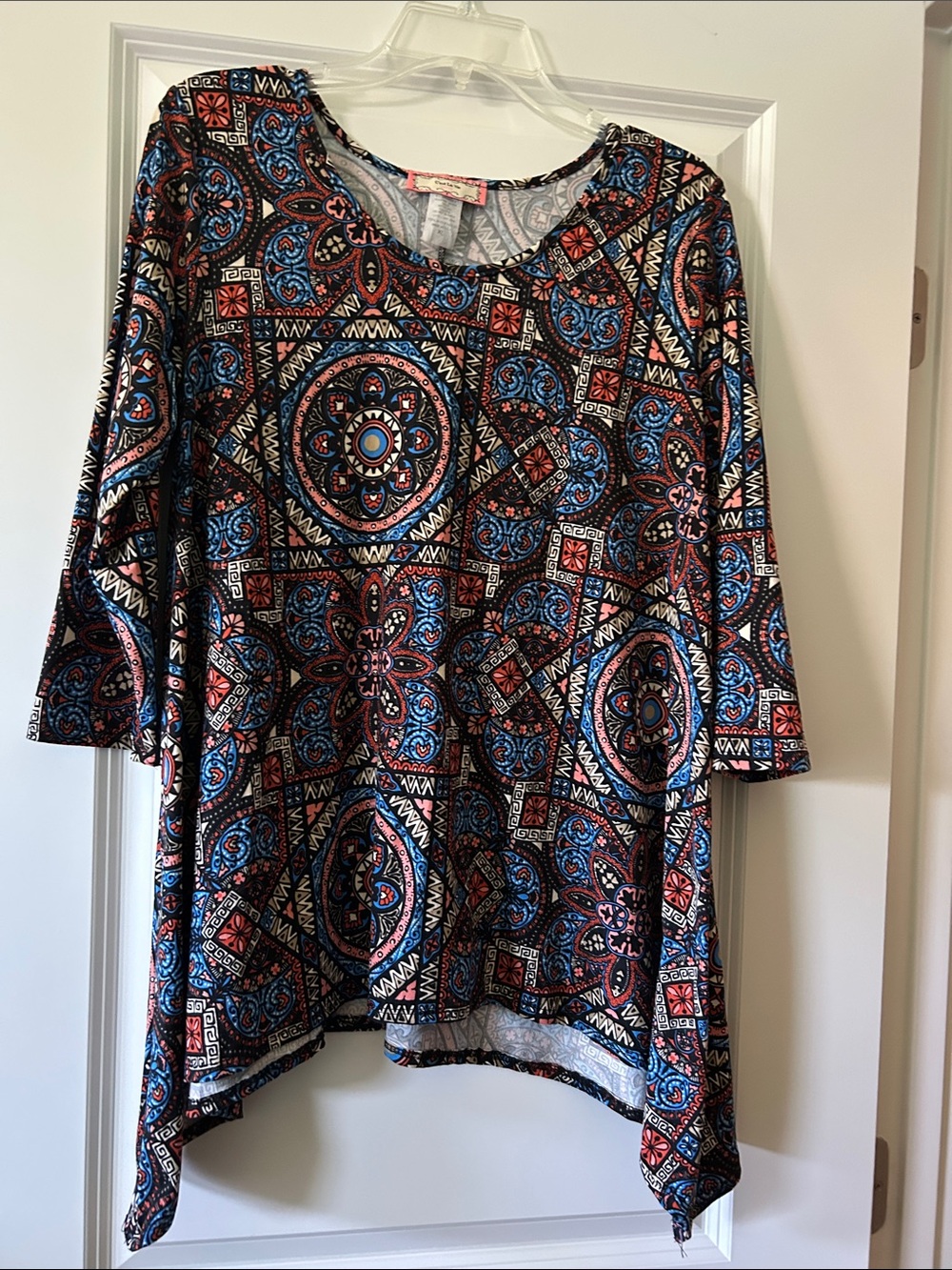 Scoop-Neck Tunic with Blue and Coral Medallion Print